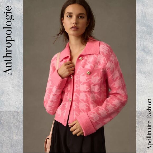 ENGLISH FACTORY FOR ANTHROPOLOGIE HOUNDSTOOTH CROPPED CARDI SWEATER IN PINK MED - Picture 2 of 9